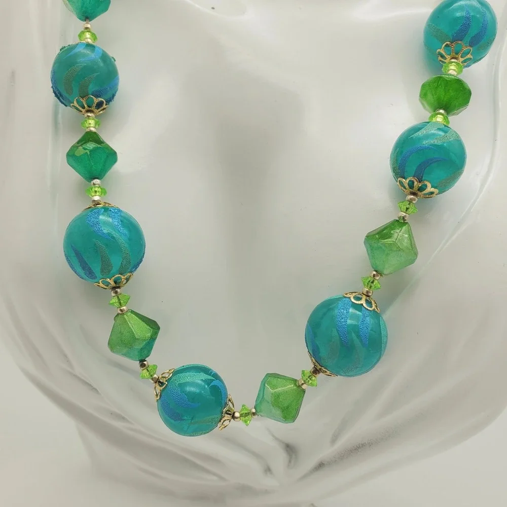 Hong Kong Necklace Clip Earrings Blue Green Flocked Beaded Acrylic Lucite Summer